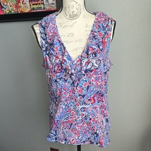 Chaps Red and Blue Ruffled Sleeveless Blouse